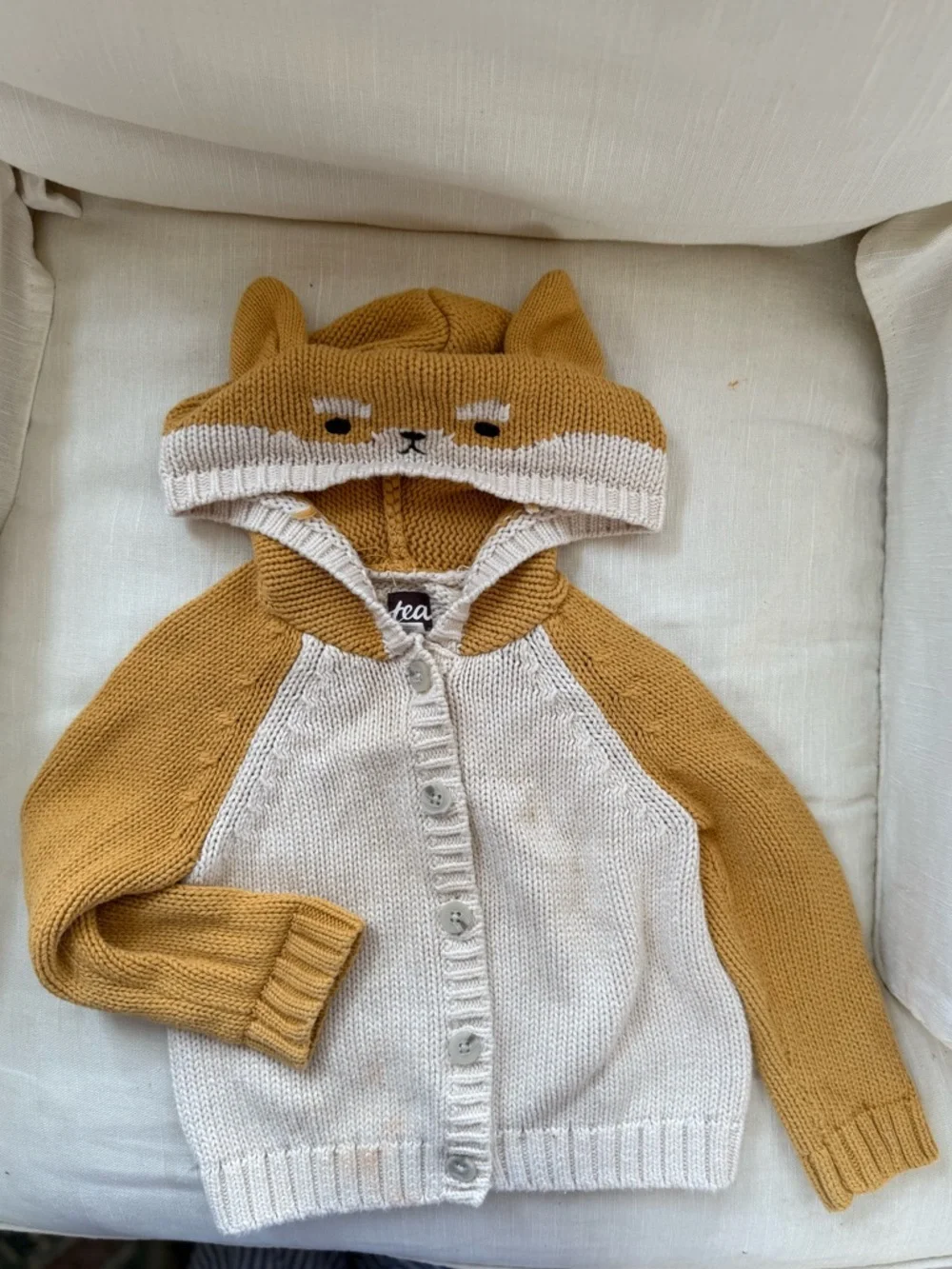 Tea Collection Baby Cardigan- Oatmeal Shiba Inu knit 100% cotton sweater - Picture 3 of 7